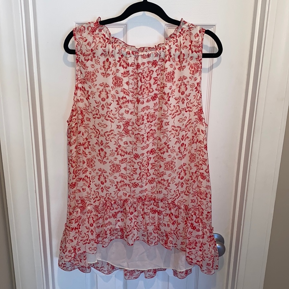 Sophie Max Red and White Floral Sheer Blouse Sleeveless Women XL